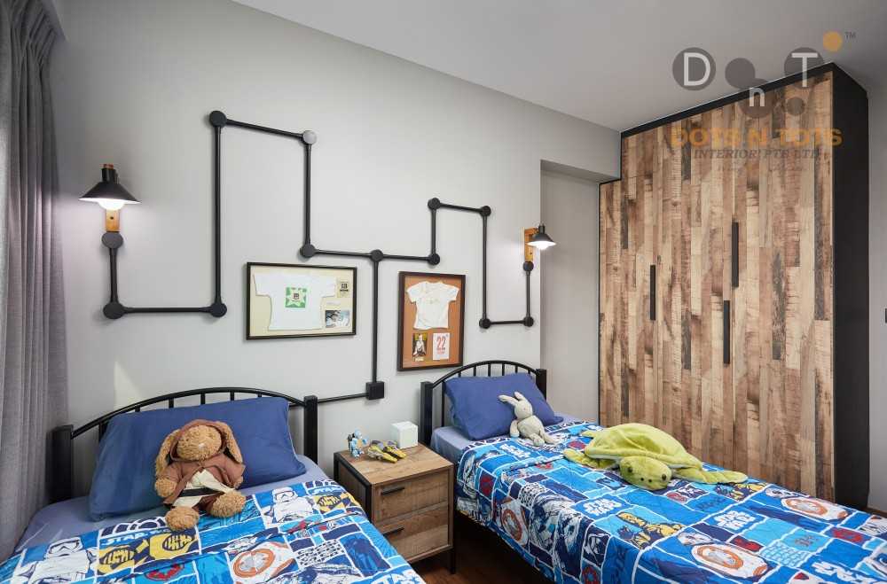 Industrial Bedroom with Homogeneous Tiles and Ceiling Light