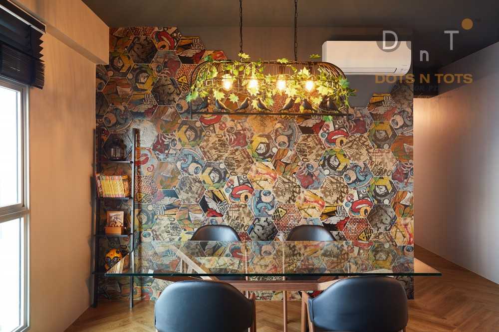 Industrial Dining Room with Drop Ceiling and Downlights