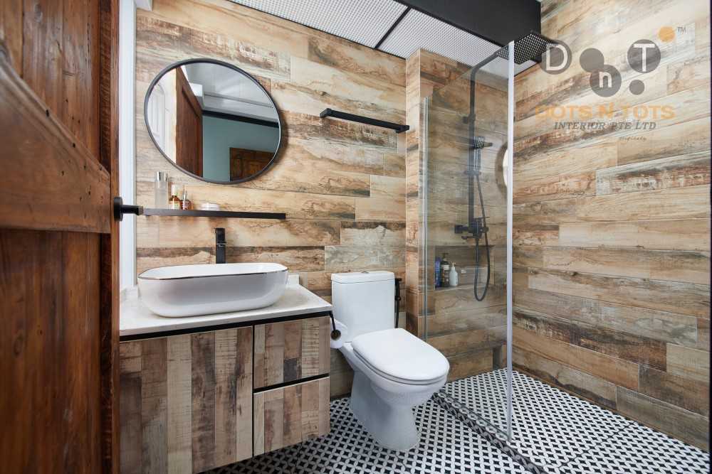 Industrial Bathroom with Bathroom Storage and Showers