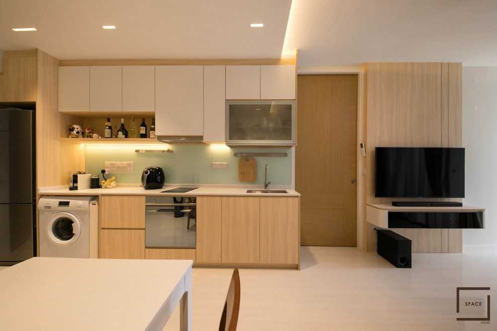 Scandinavian Living Room with TV Console and Open Kitchen