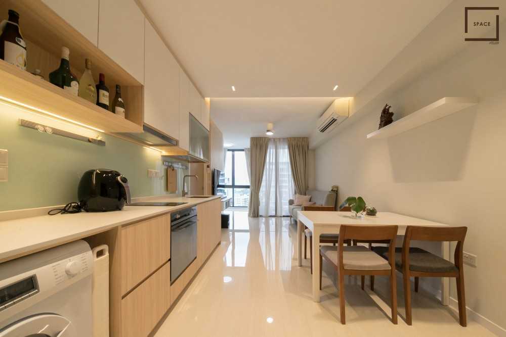 Scandinavian Dining Room with Cupboard and Open Kitchen