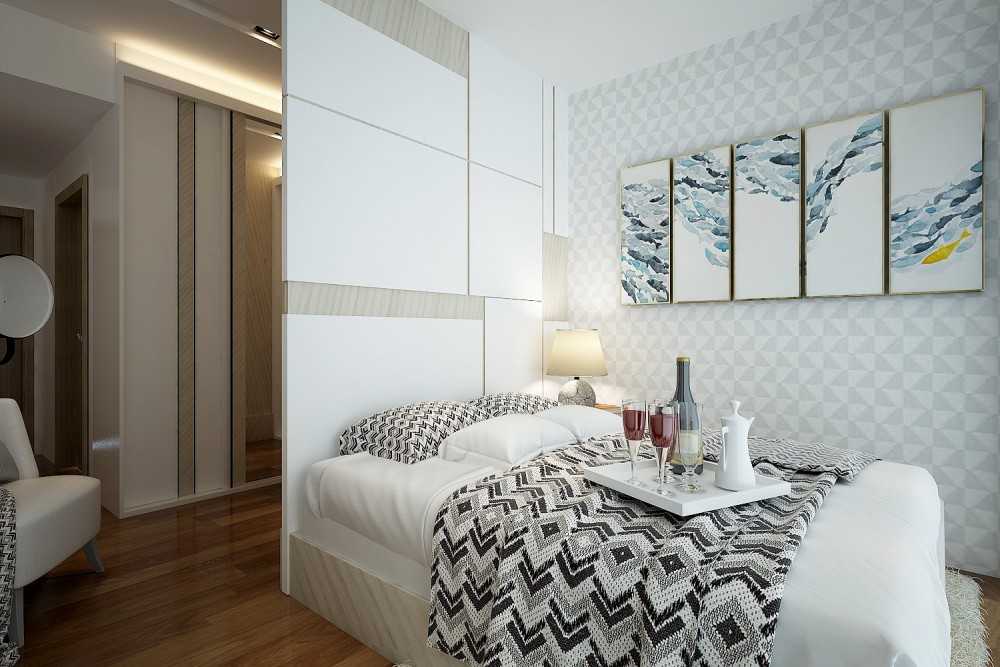 Contemporary Bedroom with Parquet Floor and Feature Wall