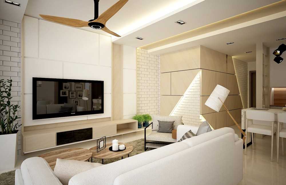 Contemporary Living Room with Homogeneous Tiles and TV Console