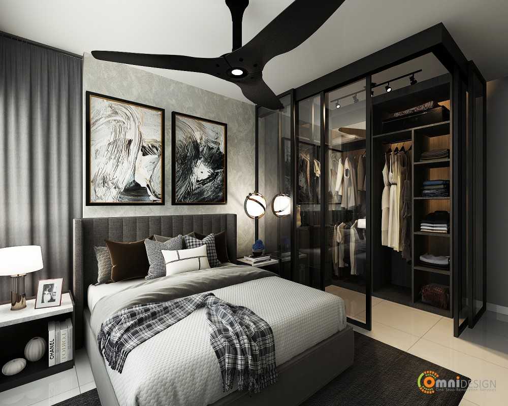 Contemporary Bedroom with Wardrobe and Ceiling Fan