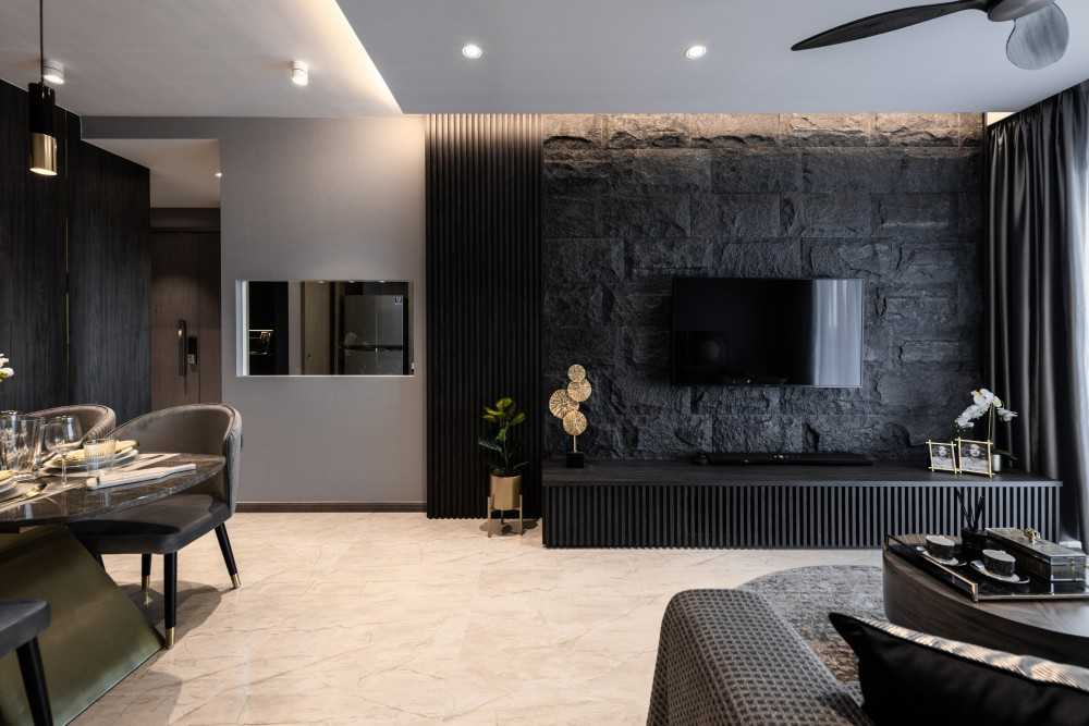 Contemporary Living Room with TV Console and Feature Wall