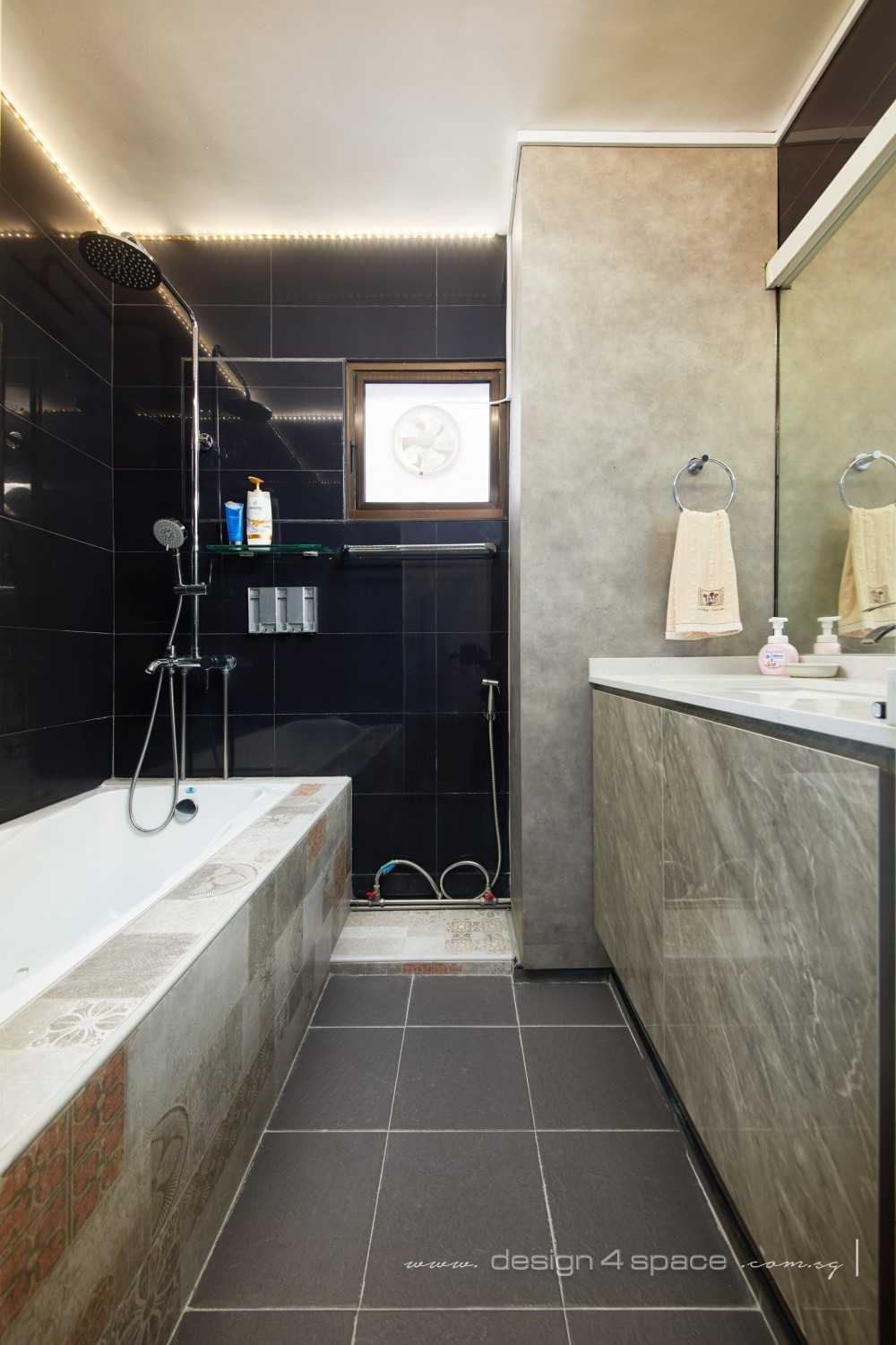 Transitional Bathroom with Homogeneous Tiles and Bathtub