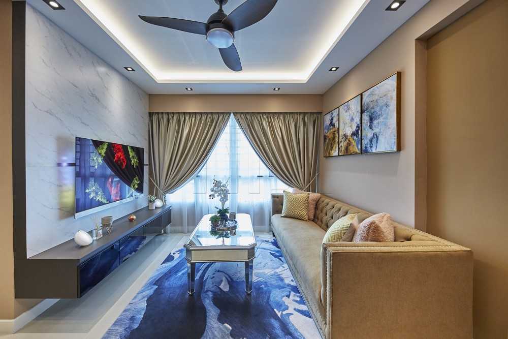 Contemporary Living Room with Homogeneous Tiles and TV Console