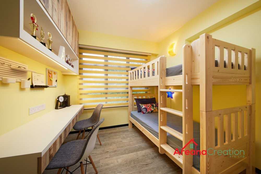 Modern Bedroom with Wood Flooring and Drop Light