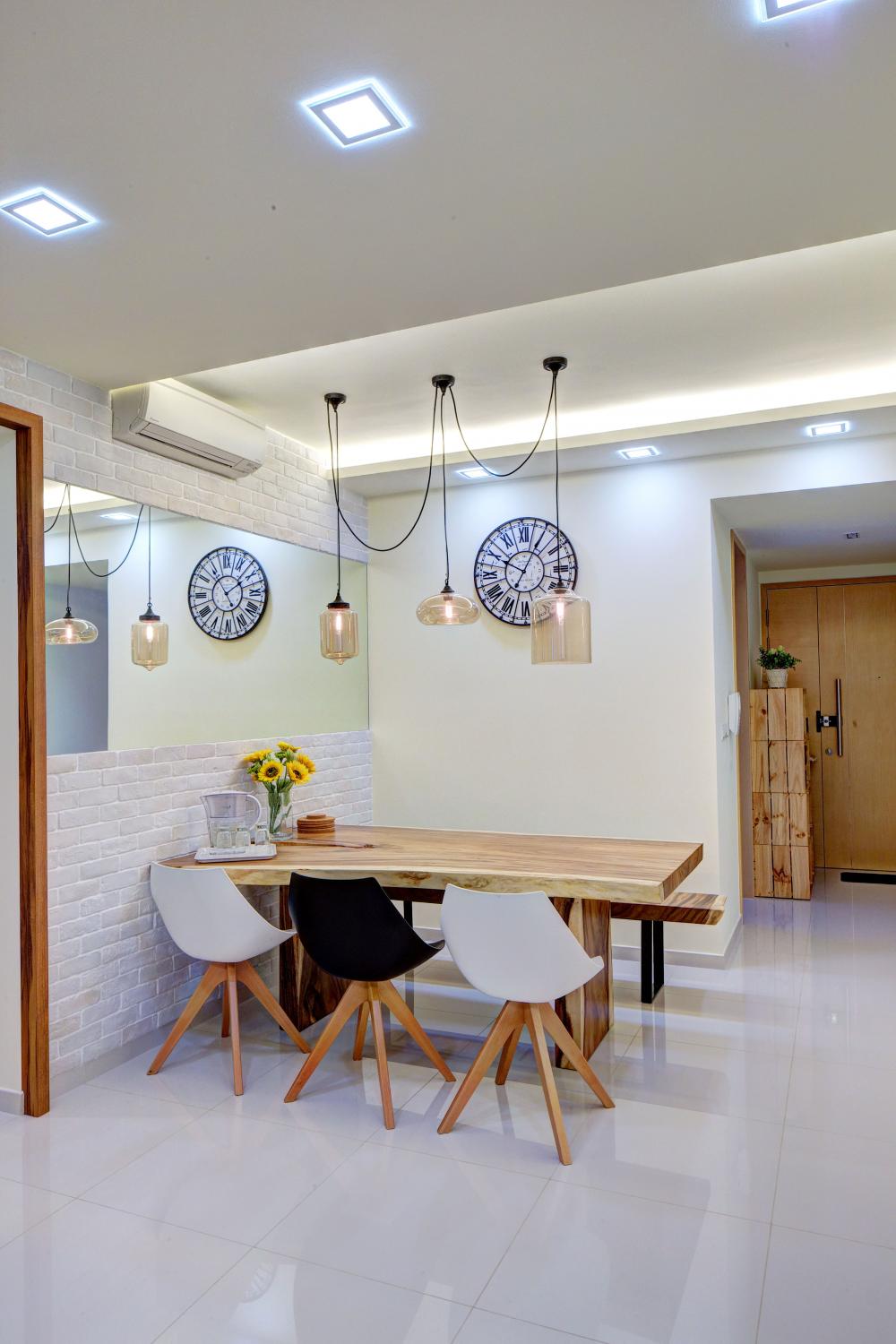 Scandinavian Dining Room with Drop Light and Cove Lighting