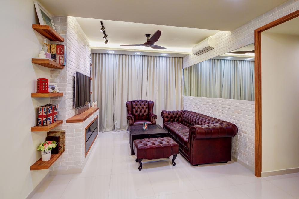 Scandinavian Living Room with Homogeneous Tiles and TV Console