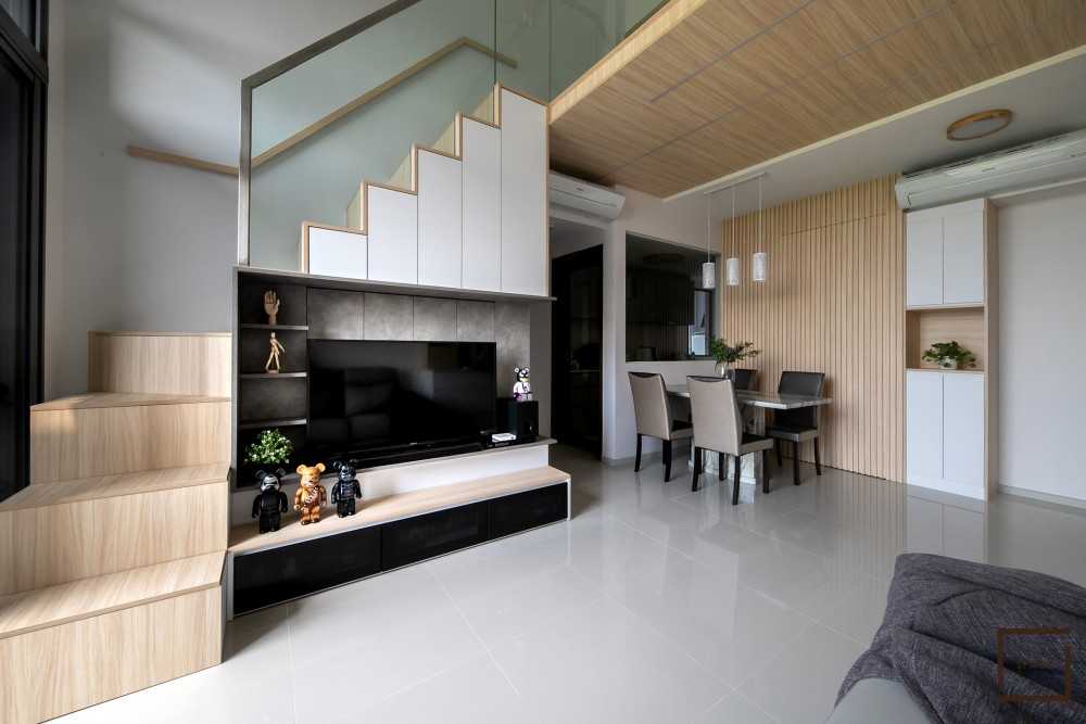 Scandinavian Living Room with Homogeneous Tiles and TV Console