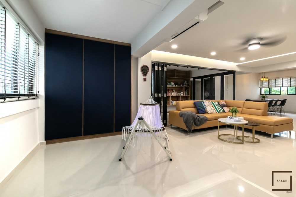 Industrial Living Room with Homogeneous Tiles and TV Console