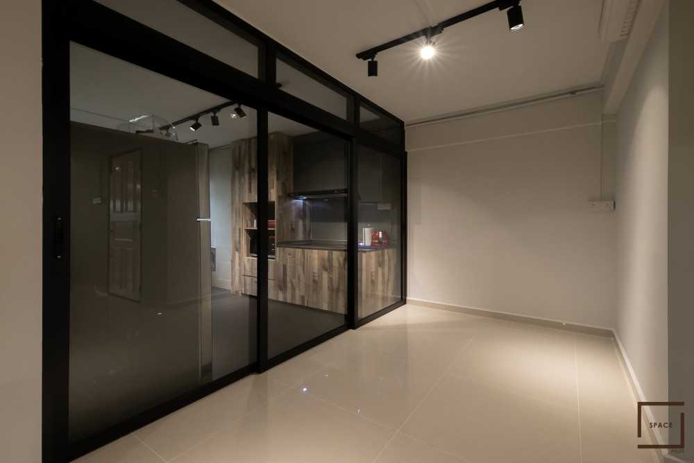 Industrial Living Room with Homogeneous Tiles and Ceiling Light