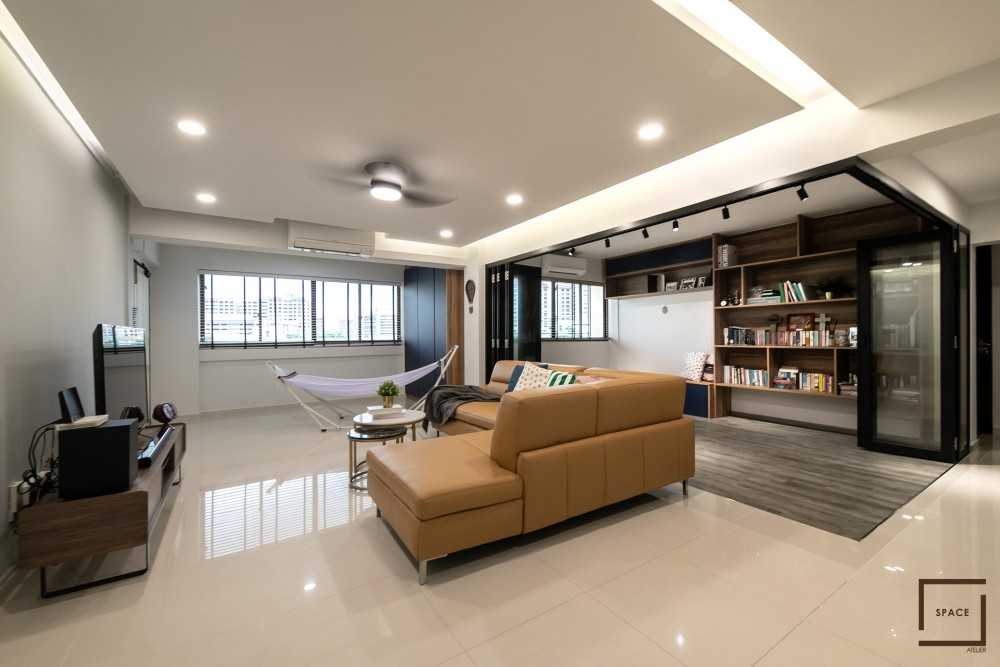 Industrial Living Room with Homogeneous Tiles and TV Console