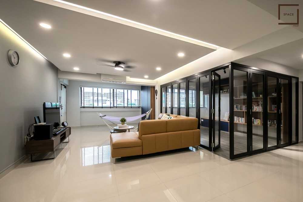 Industrial Living Room with Homogeneous Tiles and TV Console