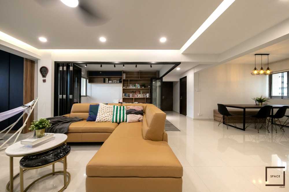 Industrial Living Room with Homogeneous Tiles and TV Console