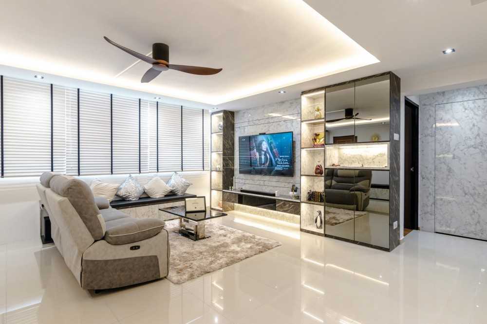Contemporary Living Room with Bookshelf and Homogeneous Tiles