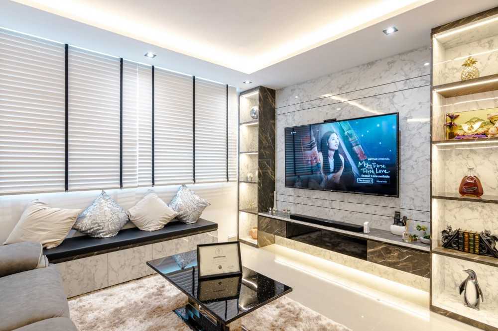 Contemporary Living Room with Bookshelf and TV Console