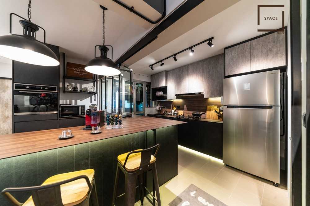 Industrial Kitchen with Kitchen Island and Breakfast Counter