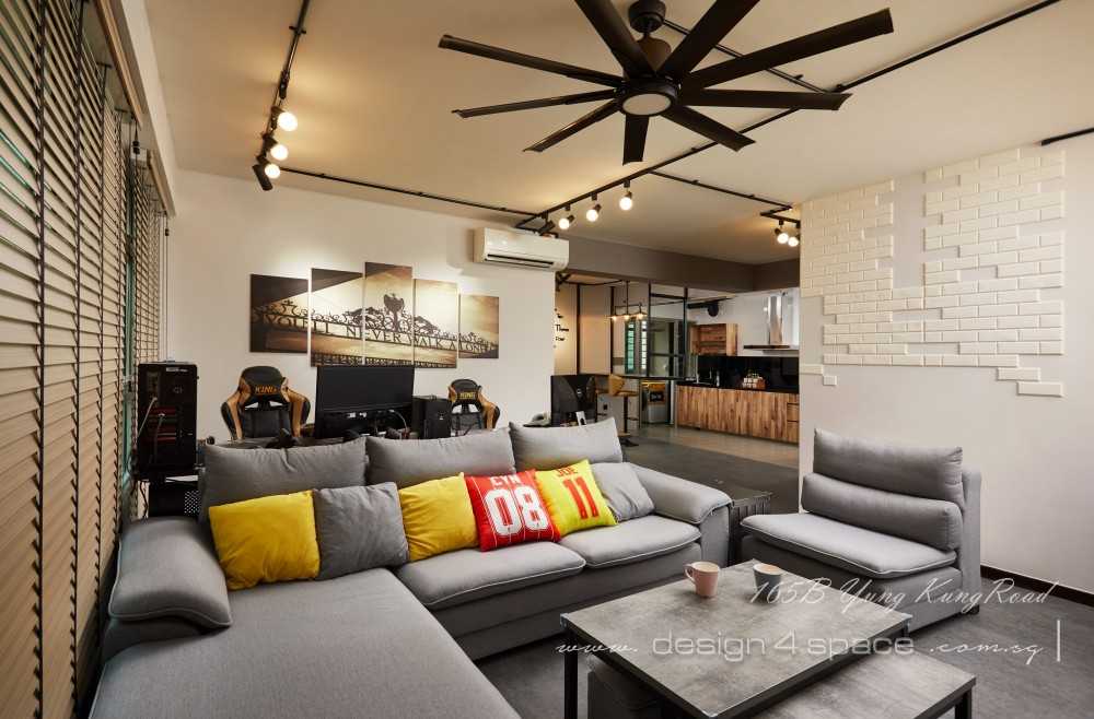Industrial Living Room with Herringbone Tiling and Wood Flooring