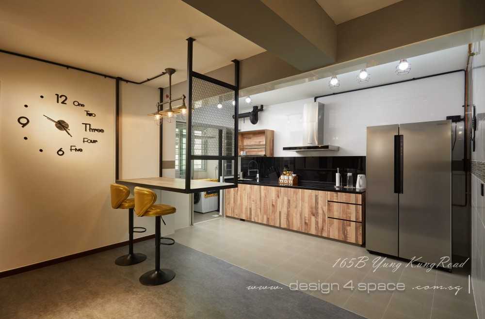 Industrial Kitchen with Wood Flooring and Kitchen Window