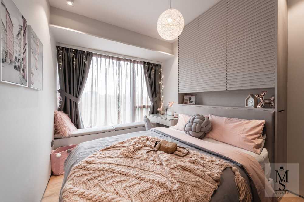Modern Bedroom with Bookshelf and Bay Window