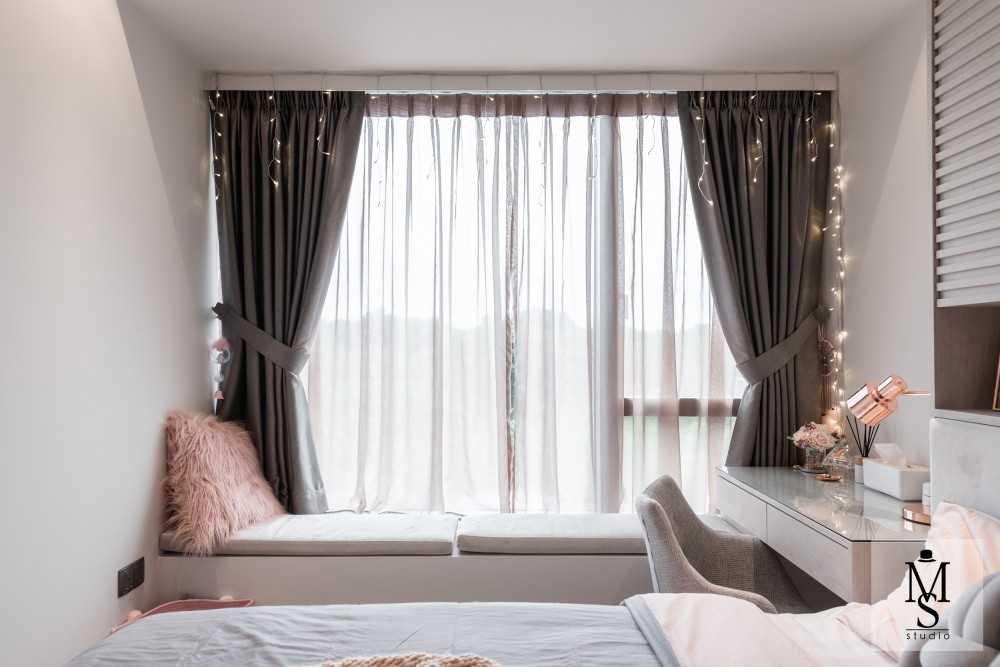 Modern Bedroom with Bookshelf and Bay Window