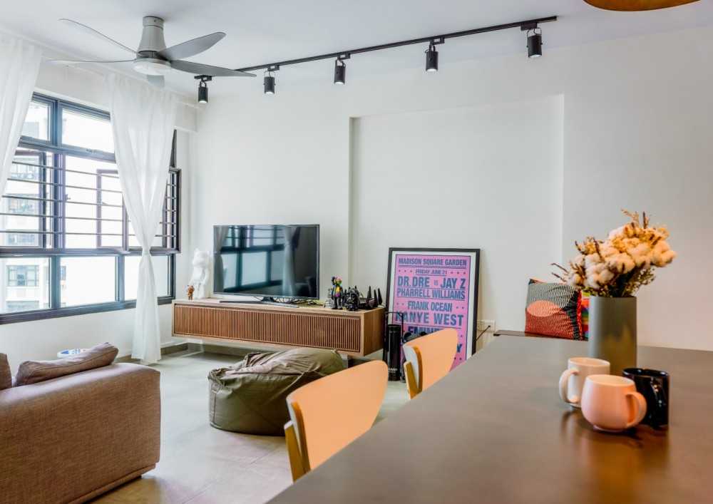 Modern Living Room with Homogeneous Tiles and TV Console