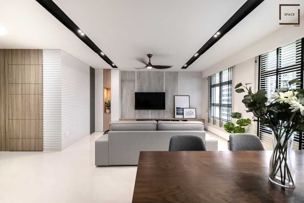 Scandinavian Living Room with Homogeneous Tiles and Feature Wall