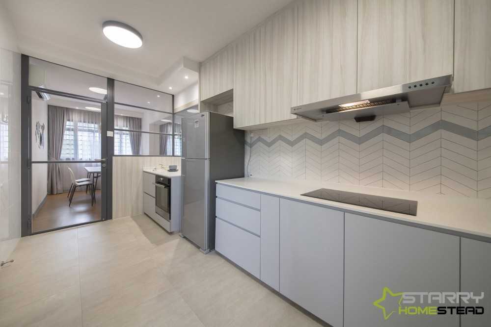 Scandinavian Kitchen with Vinyl Flooring and Herringbone Tiling