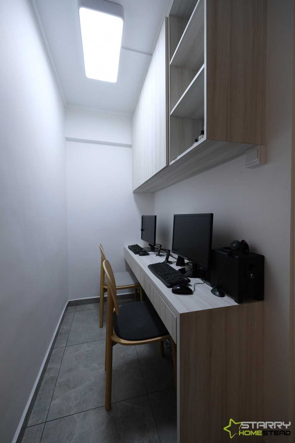 Scandinavian Study with Desk Chairs and Wall Shelves