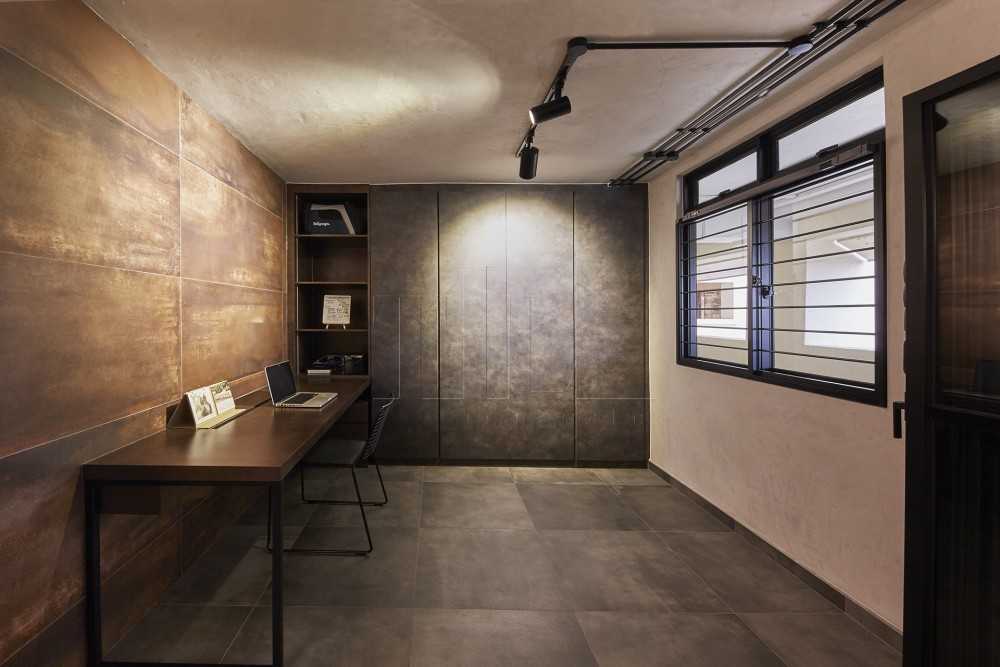 Industrial Home Office with Bay Window and Desk