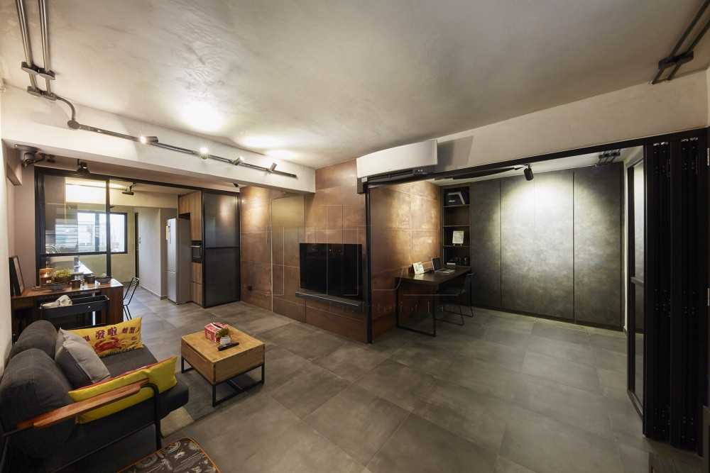 Industrial Living Room with TV Console and Glass Door