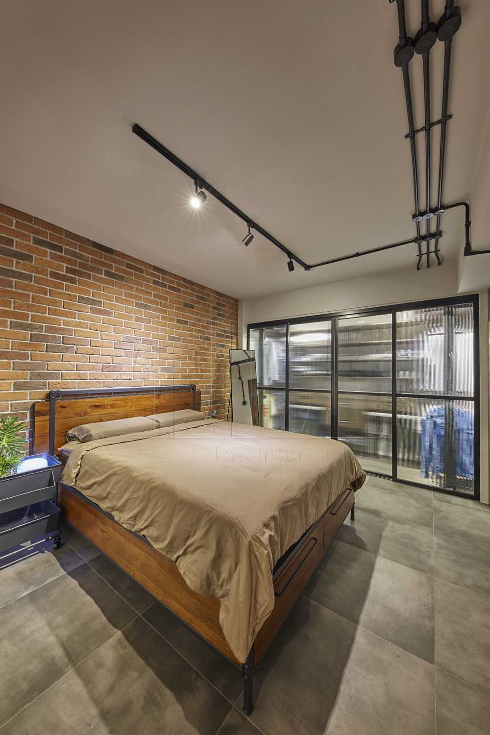 Industrial Bedroom with Feature Wall and Mirror