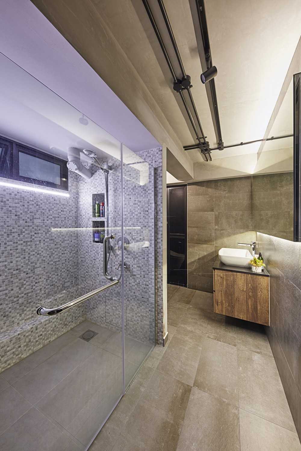 Industrial Bathroom with Mirror and Shower Screen