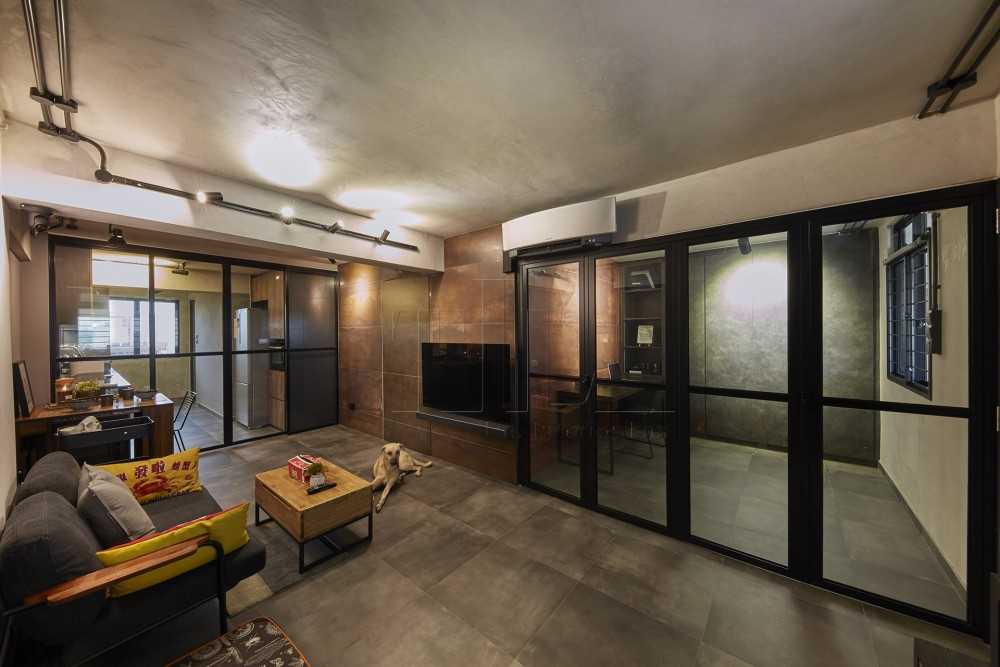 Industrial Living Room with TV Console and Glass Door