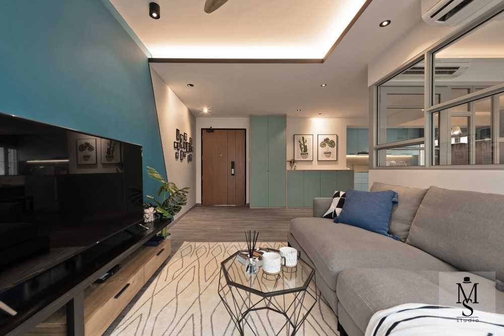 Scandinavian Living Room with TV Console and Feature Wall