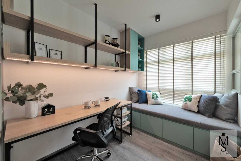 Scandinavian Study with Ceiling Light and Storage Cabinets