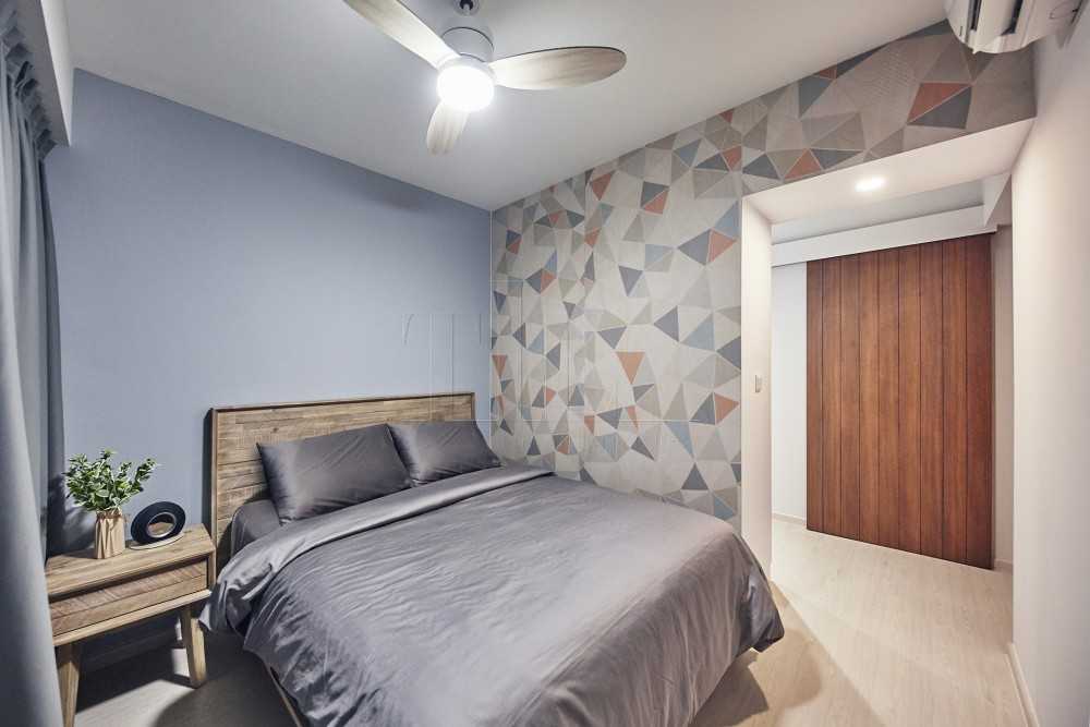 Minimalist Bedroom with Wood Flooring and Wallpaper