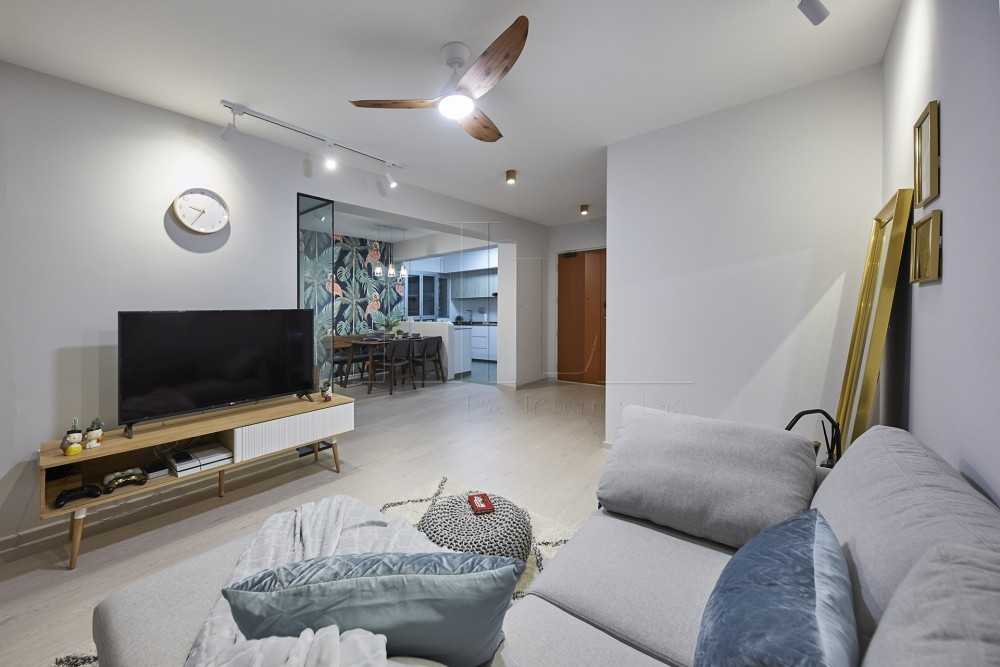 Minimalist Living Room with Wood Flooring and TV Console