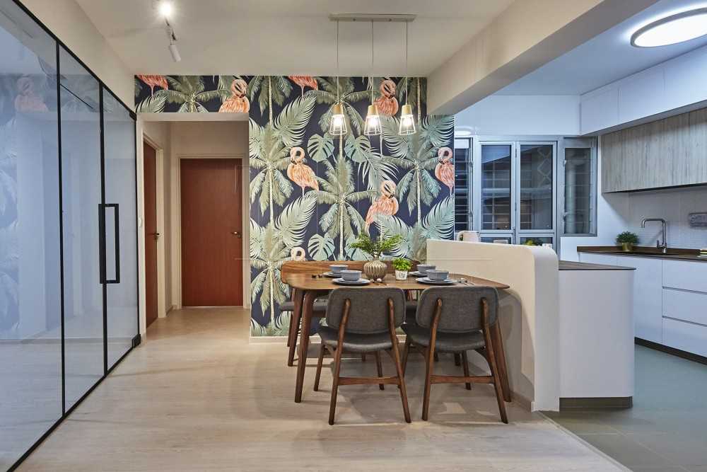 Minimalist Dining Room with Wallpaper and Open Kitchen