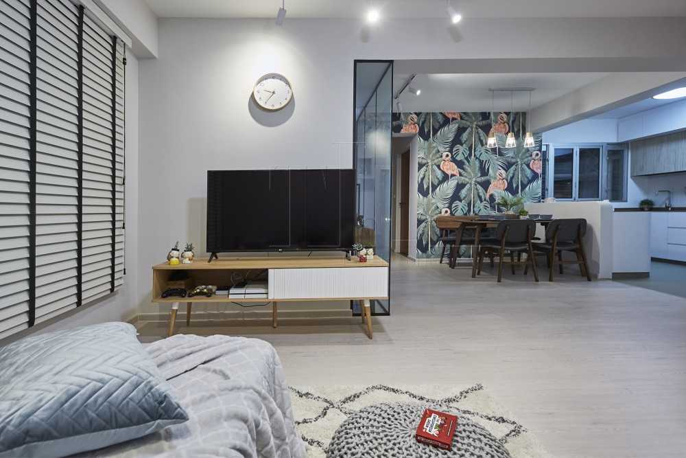 Minimalist Living Room with Wood Flooring and TV Console