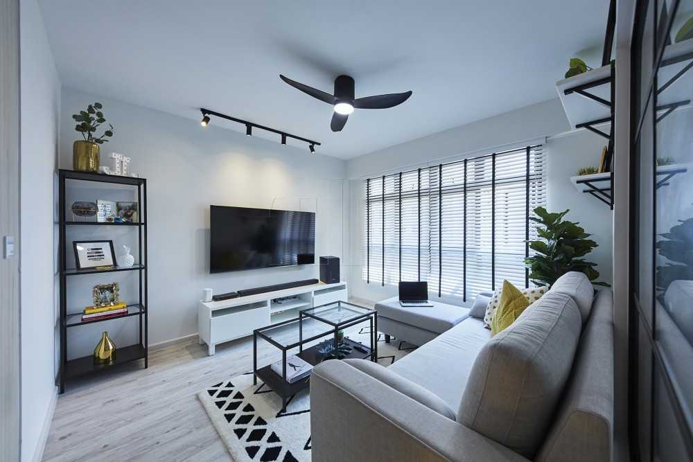 Minimalist Living Room with TV Console and Ceiling Fan