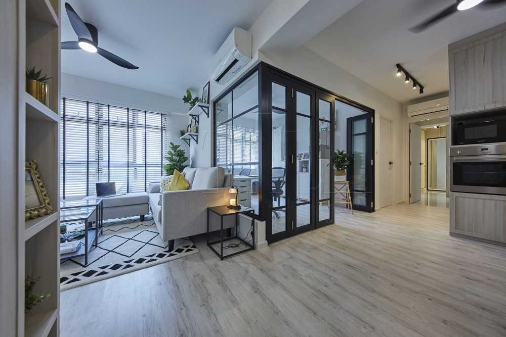Minimalist Foyer with Wood Flooring and Glass Door