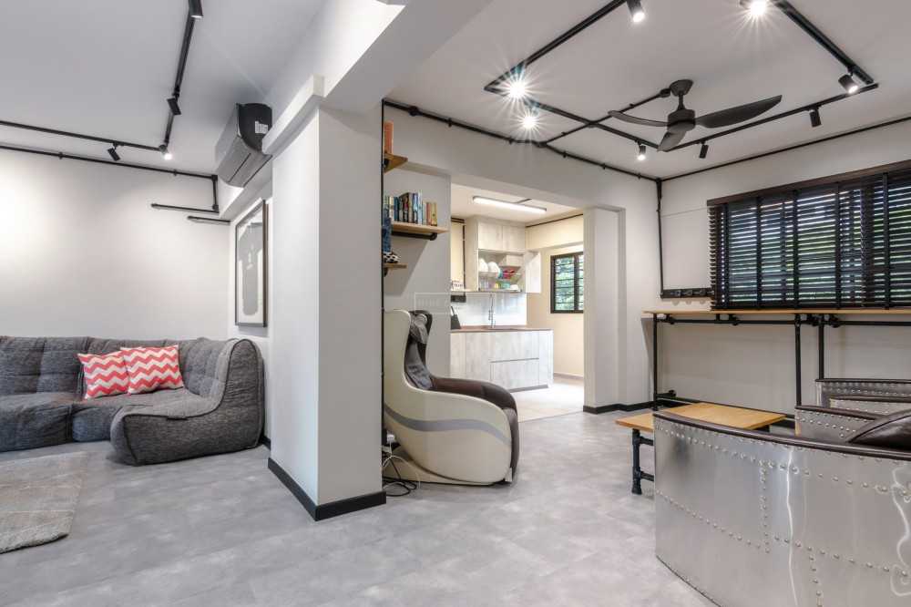 Industrial Dining Room with Ceiling Fan and Bar Counter