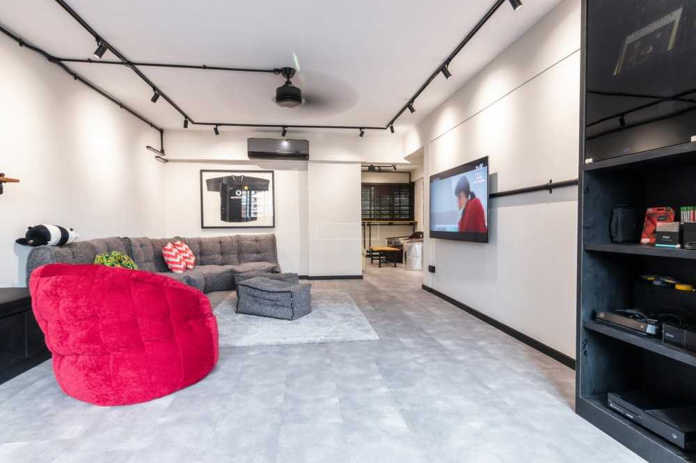 Industrial Living Room with Sofa and Shelving Units