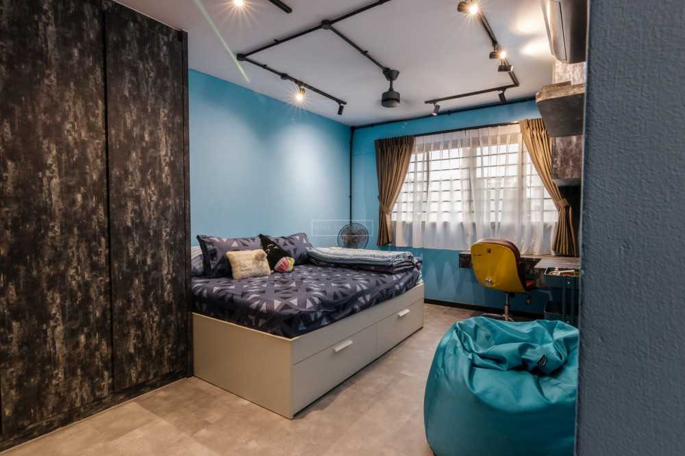 Industrial Bedroom with Wardrobe and Curtain