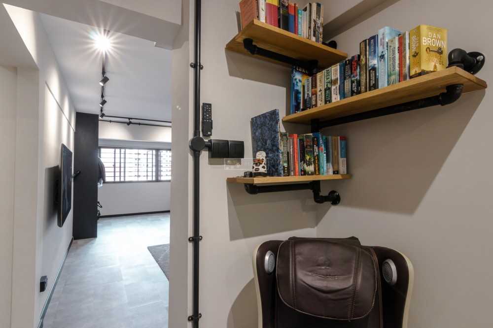 Industrial Dining Room with Wall Shelves and Rugs