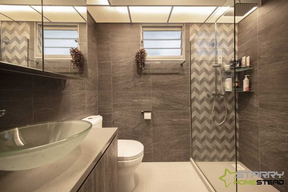 Industrial Bathroom with Herringbone Tiling and Mirror