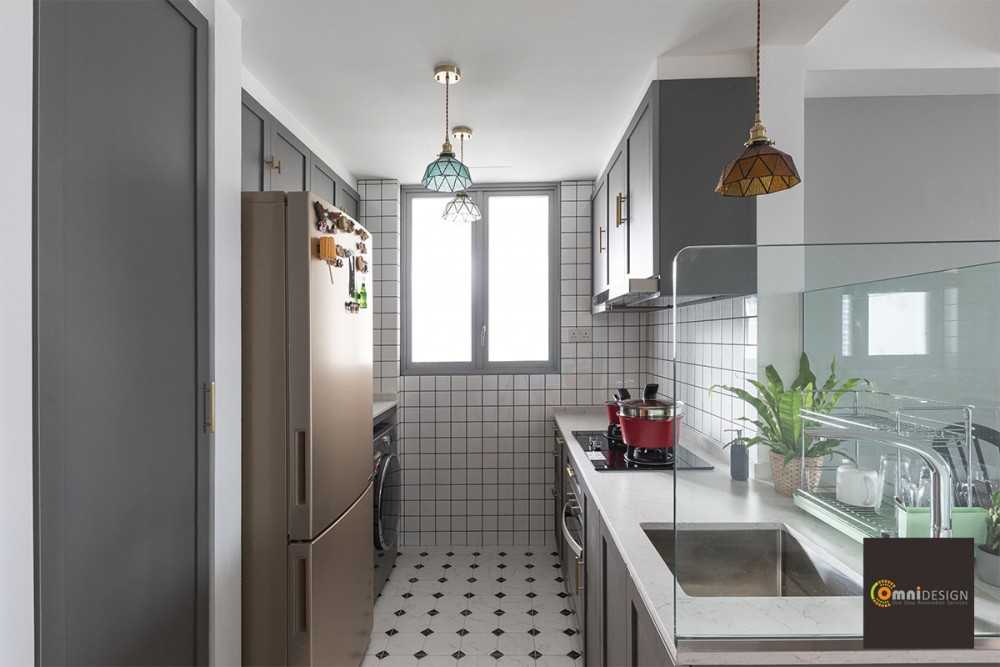 Country Kitchen with Countertop and Herringbone Tiling